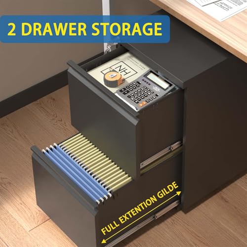 Image of Guizeeopo 2 Drawer Locking File Cabinet, Fully Assembled Heavy-Duty Metal Filing Cabinets for Home Office, Quiet Slides, Anti-Tipping Wheels, Fits A4 /Letter /Legal, Matte Black