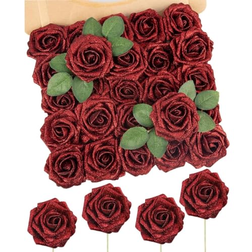 N&T NIETING Artificial Flowers Glowing Red Flowers Foam 50pcs Glitter Roses Real Touch Fake Roses with Stem for DIY Wedding Bouquets Centerpieces Bridal Shower Party Tables Home Decorations