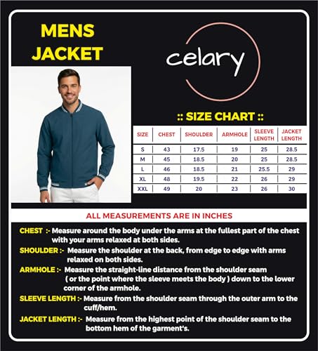 Image of Celary Men's Bomber Jacket Polyester Standard Length | Lightweight Casual Zip-Up Jacket | Stylish Slim Fit Outerwear for All Seasons