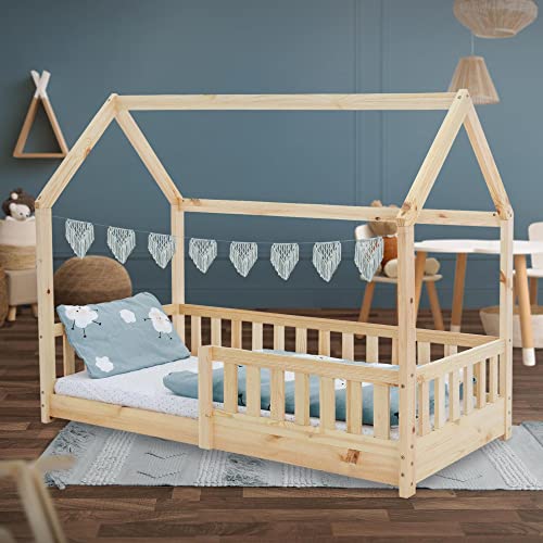 ML-Design Cama Infantil Casa Natural 80x160 cm de Madera de Pino con Protección Anticaída, Techo y Somier Estructura de Listones, Cuna de Suelo Maciza, Lecho Casita de Juego para Niño y Bebé
