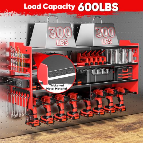 Image of POKIPO Large Power Tool Organizer Wall Mount with Charging Station,4 Layer Heavy Duty Metal Tool Storage Shelf Loads 600lbs,Battery Utility Rack With 4 Outlet Power Strip with 8 Cordless Drill Holder