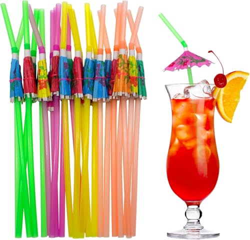 APOLLINE INDIA® Decorative Drinking Straws with Tropical Fruit and Umbrella Picks, Bendable Cocktail Straws for Party (Multicolor, Pack of 50pcs)