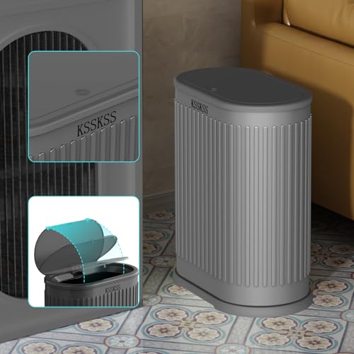 Image of KSSKSS 1.8 Gallons Small Stainless Steel Trash Can with Press Type Lid, Slim Bathroom Garbage Bin, Removable Liner Bucket, Dog Proof Narrow Wastebasket with Pop-Up Lid for Bedroom,Toilet (Gray)
