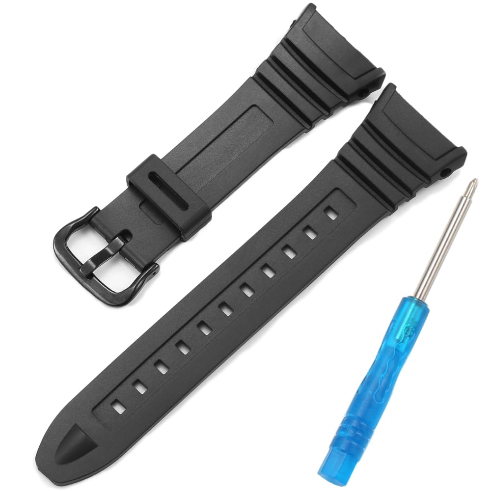 W96H Replacement Watch Band Compatible with Casio Men's W-96H W96H-1BV Sport Strap Metal buckle Black Resin Wirstband (Black metal buckle)