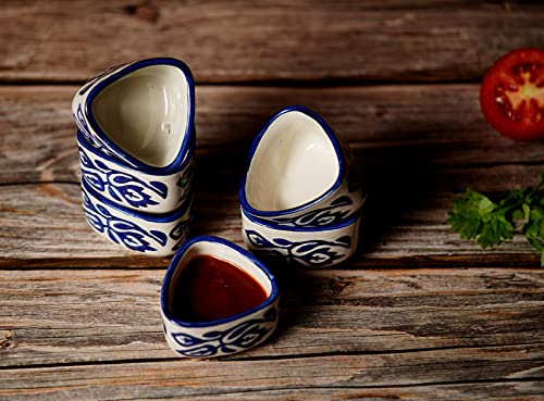 Image of Handpainted Floral Studio Pottery Ceramic Dip Bowl /Chutney Bowl /Pickle Bowl /Sauce Bowl /Small Katori Set | Triangle Shape |(50 ML, Small, Set of 6, Blue and White)