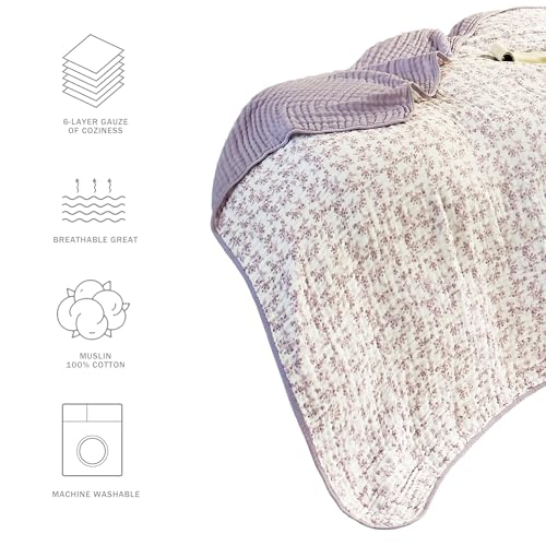 Image of Muslin Throw Blanket 100% Cotton 6-Layer Gauze Floral Pattern Cooling Blanket Lightweight Soft Breathable Quilt for All Season Both Sides for Sofa Bed (Floral Purple-a, Throw 50 inchx60 inch)