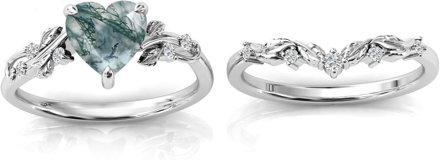 Natural 2 Ct Heart Moss Agate Moss Agate Engagement Ring Set 925 Sterling Silver Rings for Her with Engraving Jewelry Gift Vintage Unique Bridal Wedding Promise Ring for Women