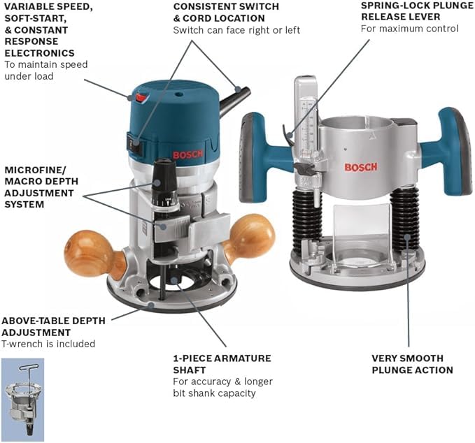 Bosch 1617EVSPK 12 Amp 2-1/4-Horsepower Plunge and Fixed Base Variable Speed Router with RA1054 Deluxe Router Edge Guide With Dust Extraction Hood & Vacuum Hose Adapter