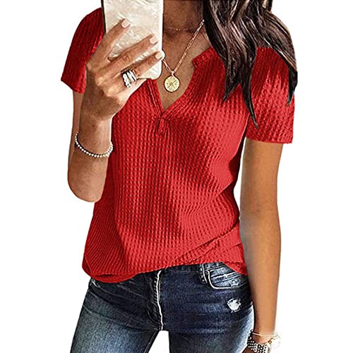 Dasayo Women's Waffle V-Neck T-Shirt Casual Fashion Short Sleeve Tee Shirts Loose 2023 Summer Tshirts Blouses Trendy Clothes #TOP1