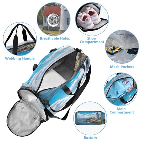 YETTASBIN Sport Travel Duffel Bag for Girls Boys, Lighthouse Large Waterproof Weekender Overnight Bag, Detachable Shoulder Strap Gym Bag with Shoe Compartment & Wet Pocket4