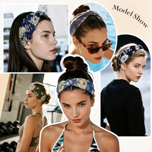 Image of HSEM Wide Headbands for Women 6-Pack - Non-Slip Boho Hair Bands, Thick Elastic Flower Head Bands - Large Knotted Soft Stretchy Sweat Bands for Sports, Yoga, Washing Face, Makeup, Running, Spa