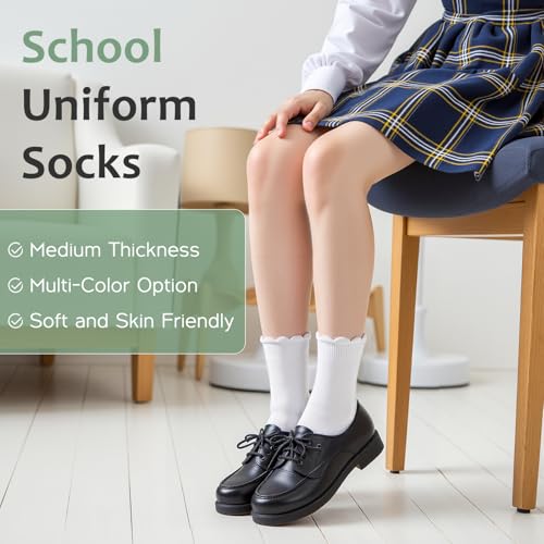 HONGTEYA 6 Pairs Girls White Ruffle Socks School Uniform Dress Socks for Kids Seamless Crew Ankle Cotton Size 4-14 Years2