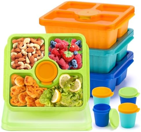 QQKO Bento Snack Boxes for Adults & Kids, Lunchable Meal Prep Containers - 4 Pack Divided Food Storage with Lids, Stackable Lunch Boxes with Sauce Cups, Jewel