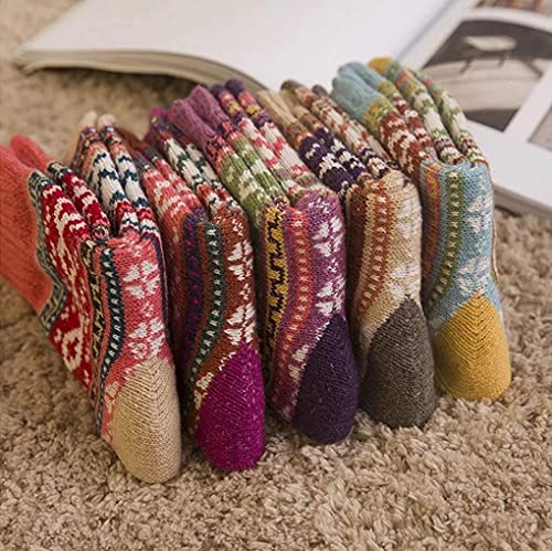 JUNAN 5Pairs Ladies thermal Winter socks, Womens Thick Knitting Warm & comfy Wool Crew Vintage Style Sock (G-multicor)4