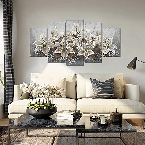 5 Panels Retro White Lily Floral Canvas Wall Art Print Abstract Flower Paintings Gray White Brown Plant Picture Home Decor Framed Artwork For Living Room Bathroom #TOP2