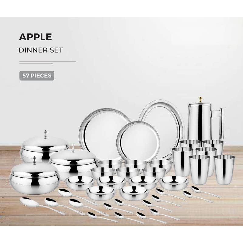 Image of Steelcraft Premium Stainless Steel Apple Dinner Set 57 Pcs, High Grade Quality-with Silver Touch Finish, Kitchen Set for Home, Made in India, Steel Colour