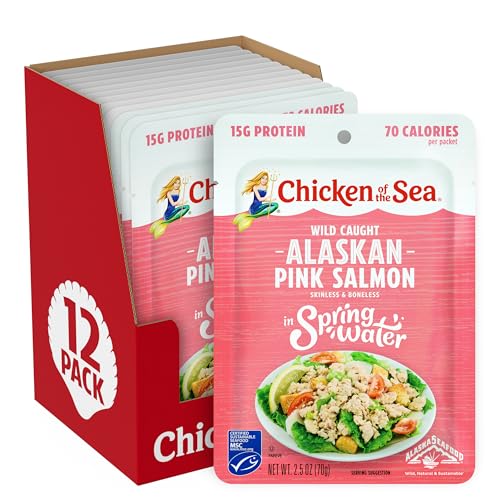 Chicken of the Sea Alaskan Pink Salmon in Spring Water, 2.5 Ounce Packets (Box of 12), Wild Caught, Skinless & Boneless