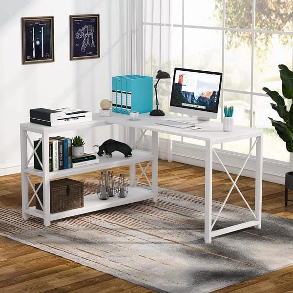 Image of Deskio Engineered Wood Computer Table for Home & Office, White L Shaped Table Desk with Storage Shelves Corner Study for Small Space (Size - 60L X 44W X 30H) | DIY