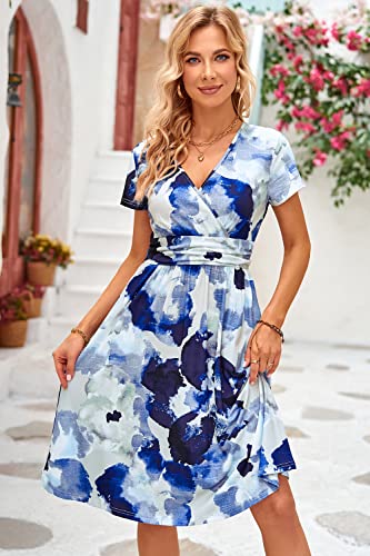 Image of OUGES Casual Summer Dress for Women Wrap V Neck A Line Midi Dresses with Pockets