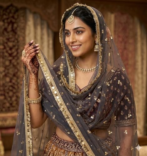 Image of Navti Creations Women's Lightweight Net Dupatta With Sequence Embroidery & Kiran Border (Length 2.25m)