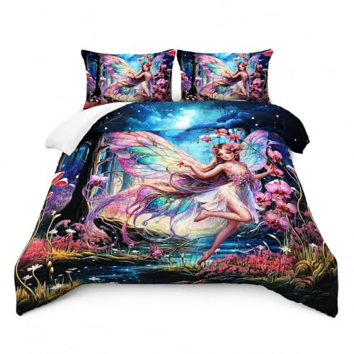 Image of AILONEN Beautiful Butterfly Fairy Comforter Set,Magic Mushroom Duvet Set Full Size, Mysterious Fairy Forest Theme Bedding Set Perfect for Kids Girls Bedroom,1 Quilt + 2 Pillow Case