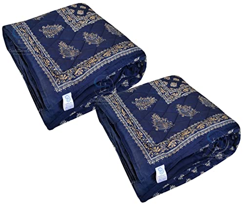 Image of Jaipuri Razai Single Bed Gold Print with Computerized Quilting Use as Soft and Breathable Cotton Comforter Quilt Rajai Blanket Dohar Size 55X85 inch Blue Pack of 2