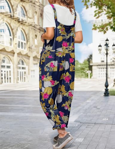 Image of YESNO Women's Overalls Cotton Boho Casual Floral Bib Jumpsuit Baggy Adjustable Strap Romper with Pockets PVV