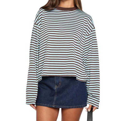 Oversized Striped Long Sleeve Shirt Women Y2k Crewneck Drop Shoulder Cropped Tees Teen Girls Baggy Sweatshirt