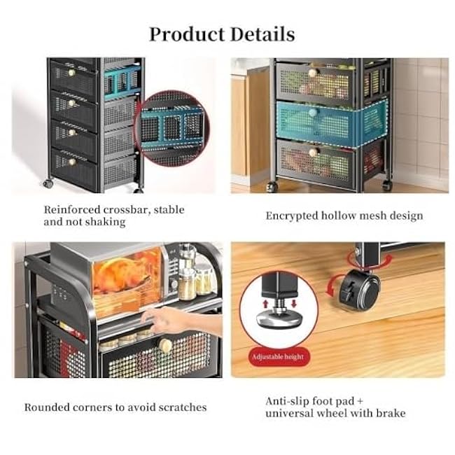 Rolling Kitchen Storage Cart Metal Utility Organizer with Wheels Removable Mesh Baskets Storage Shelves Multi-Purpose(White,101cm)-DOzSw9Cm