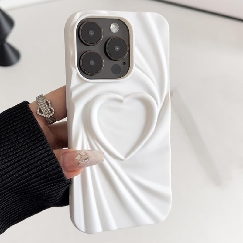 Image of COVERLY Heart Shape Design Back Case Cover for iPhone 14 Plus | Embossed Wrinkle Cute Silk Pattern | Love Trendy Matte TPU | Soft Silicone Fashion Aesthetic Cover for Girls & Women (White, Shockproof)