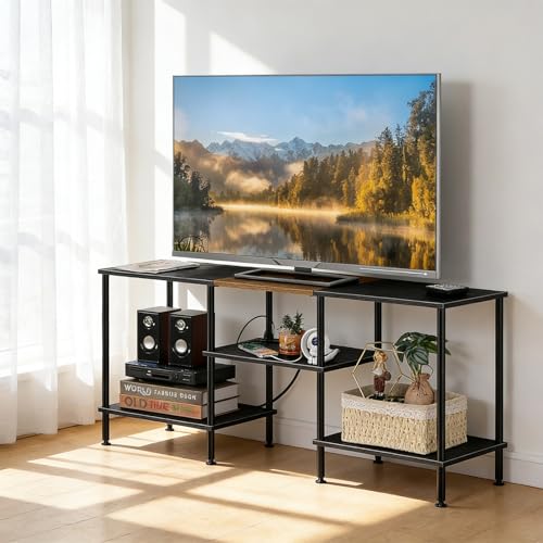 Image of OYEAL Black Bedroom TV Stand with Power Outlets up to 50 inch TV, Small Entertainment Center Stand with Storage Modern Media TV Console Table for Living Room Bedroom