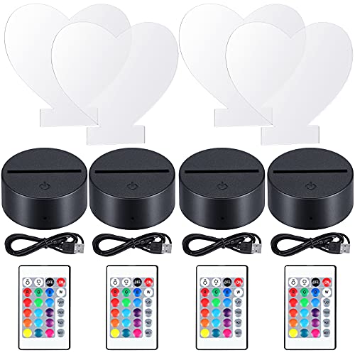 Image of Honoson 4 Set 3D Night Light Kit with Remote, 16-Color Base for Acrylic Sheets, 4 Modes for Bedroom Decor(Heart Style)