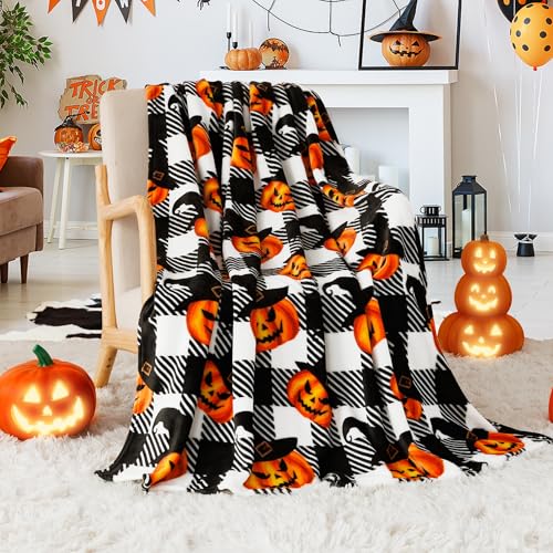 Touchat Halloween Blanket, Fleece Throw Blankets, Buffalo Plaid Throw Blanket for Couch Sofa Bed, Soft Warm Fuzzy Cozy Plush Checkered Blanket, Farmhouse Fall Decor, Black