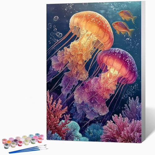 数字油絵 クラゲ ペイントバイナンバー 海, ナンバーペイント大人のDIYセット(ブラシとアクリル絵の具を含む)、クリエイティブな手作りの油絵セット、女性へのデジタル絵画ギフト、壁の装飾 40×50cm -WX2510156