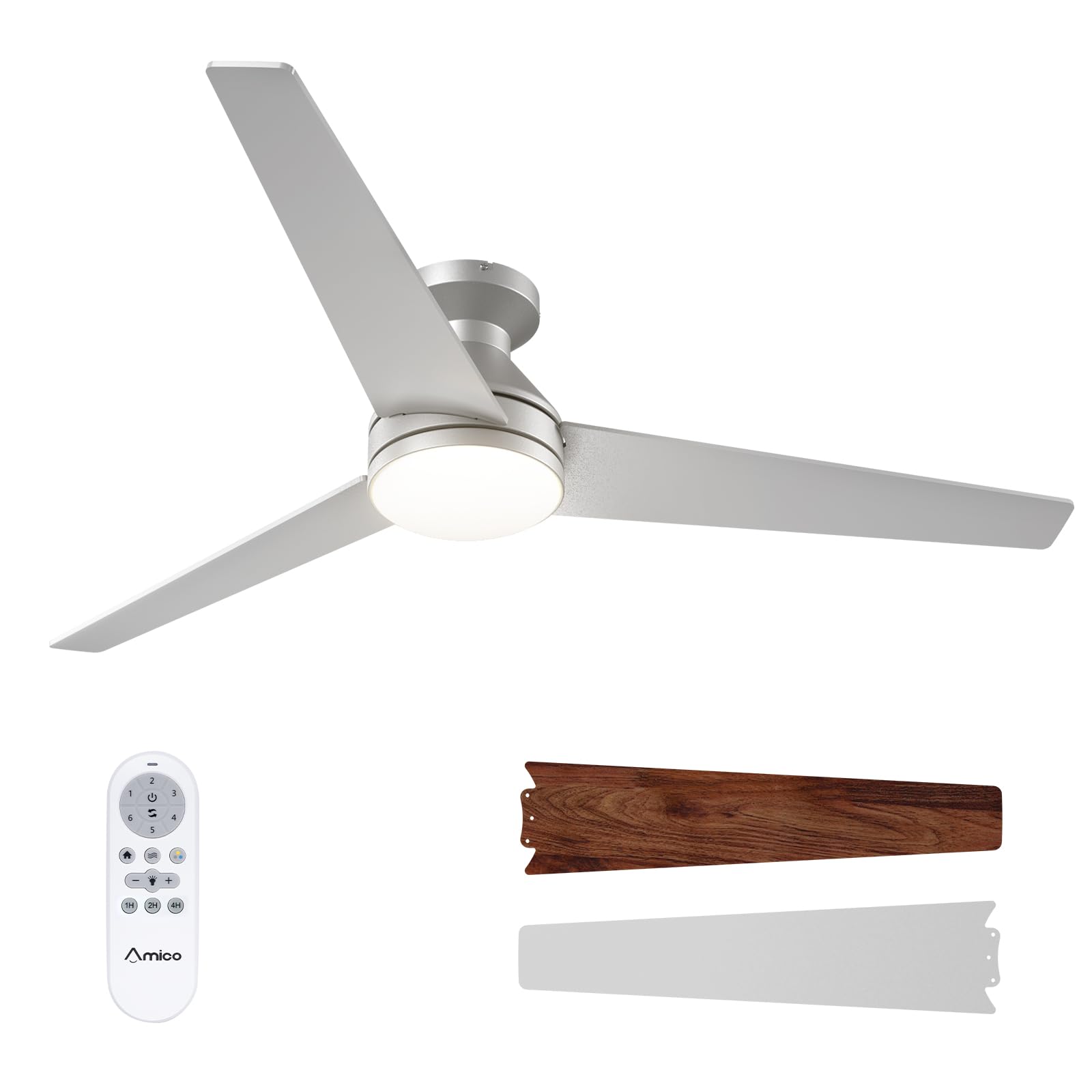 Amico 52 Inch Silver Low Profile Ceiling Fans with Lights and Remote