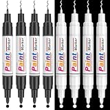 APOGO 8 Pack Oil Based Paint Pens, Dual tip (0.7mm & 2-3mm) Permanent Marker Pens, 4 Black & 4 White Waterproof Paint Markers for Rocks Painting, Tyre, Wood, Metal, Leather, Plastic, Glass