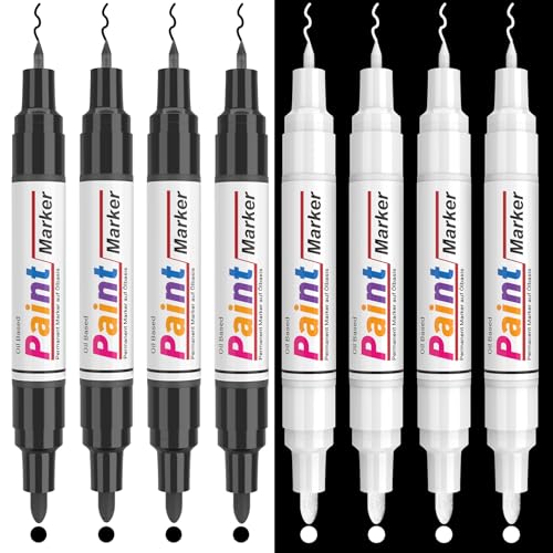 APOGO 8 Pack Oil Based Paint Pens, Dual tip (0.7mm & 2-3mm) Permanent Marker Pens, 4 Black & 4 White Waterproof Paint Markers for Rocks Painting, Tyre, Wood, Metal, Leather, Plastic, Glass