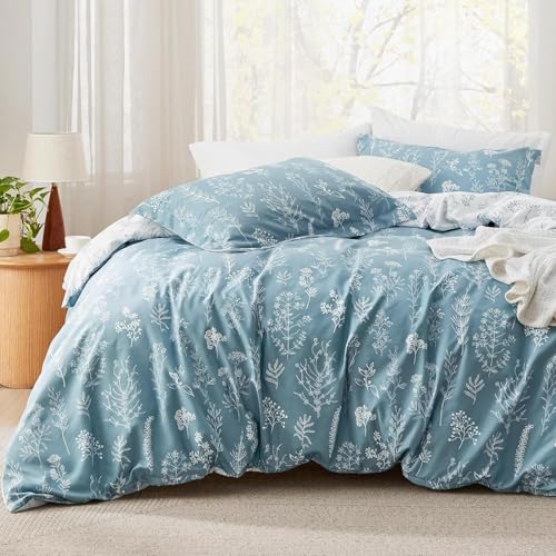 Image of Bedsure Oversized Queen Comforter Set - Mineral Blue Bed Set, 3 Pieces Cute Floral Bedding, 1 Soft Reversible Botanical Flowers Comforter and 2 Pillow Shams