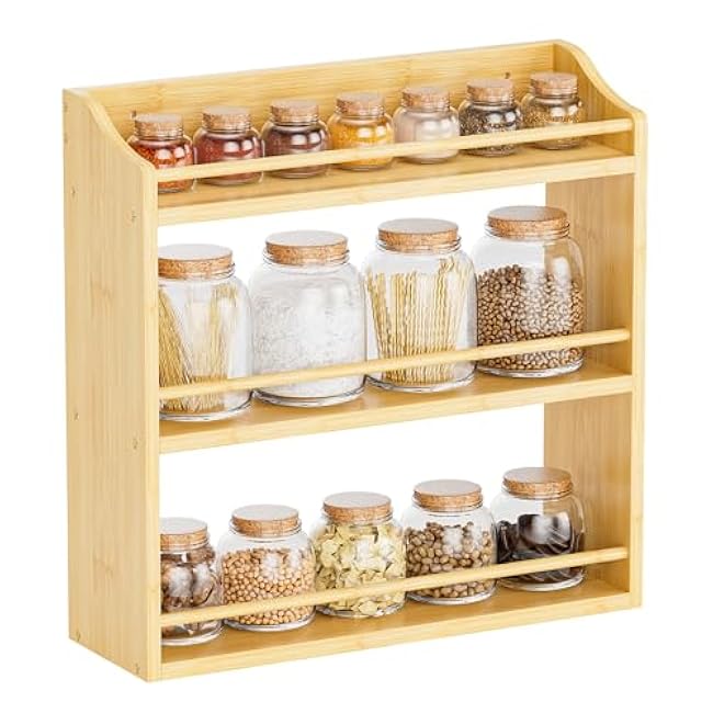 Spice Rack Wall Mounted, Spice Organizer for Counter, Bamboo Spice Storage Holder for Kitchen Cabinet, Pantry (Spice Jars Not Included, Natural)