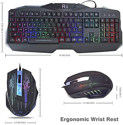 (2019 Upgraded) Rii Gaming Keyboard and Mouse Combo,LED Rainbow Backlit USB Wired Computer Keyboard 104 Key,Spill-Resistant Design,Ergonomic Wrist Rest Keyboard Mouse Set for Windows PC Gamer. Black