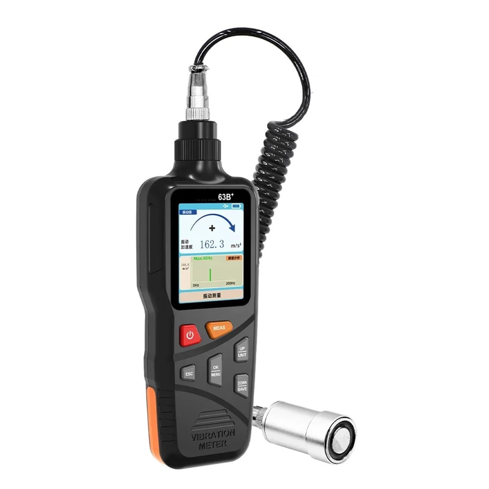 Digital Vibration Detector Hi-Sensitivity 0~1999um Probe Velocity Displacement/Acceleration Color Screen Vibration Meter(63B Plus)