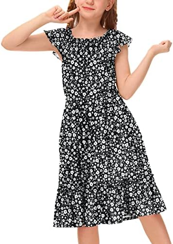 BesserBay Girl's Floral Elastic Neckline Flutter Sleeve Midi Dress with Side Pockets 4-12 Years image 2