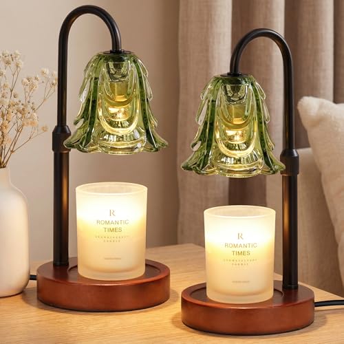 Small Candle Warmer Lamp with Timer, Adjustable Green Lamp Warmer for Jar Candles, Christmas Birthday Gifts for Women Mom Her, Dimmable Candle Heater, 2pcs Cute Wax Warming Light with Wood Base
