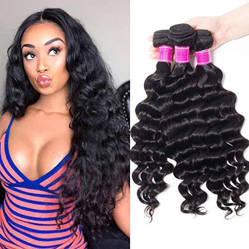 RECOOL 10A Virgin Hair Brazilian Loose Deep Wave Bundles 300 Gram Deals Wet And Wavy Human Hair Extensions Loose Curly Weave Bundles Natural Color (20 22 24)
