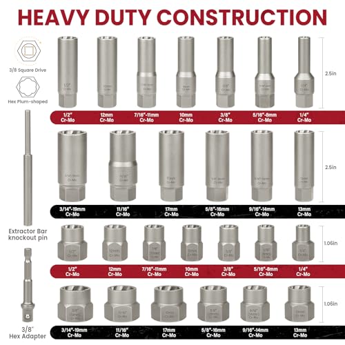 Image of 28Pcs Deep Bolt Extractor Set, with 3 /8 inch Drive, Ez Out Broken Bolt Remover Kit, Spark Plug Extractor Socket Set, Easy Out Stripped Lug Nut Removal Tool for Removing Rounded, Rusted Bolts, Nuts & Screw