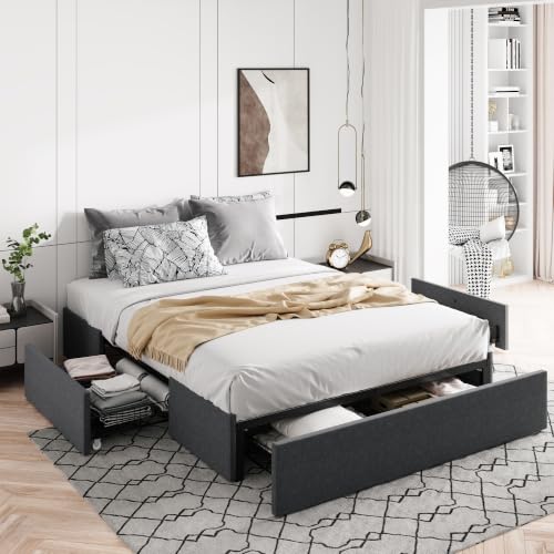 Image of Allewie Queen Size Platform Storage Bed Frame with 3 Drawers, Dark Grey | Fabric Upholstered, Metal Slats Support, No Box Spring Needed, Noise Free, Easy Assembly