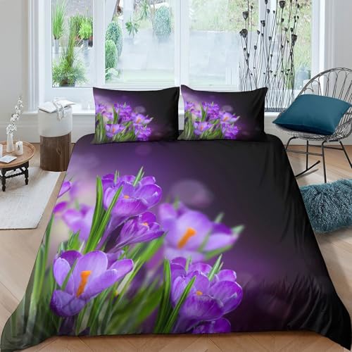 Housse de couette 140x200 fleurs de crocus lit simple ado microfibre respirante - 4
