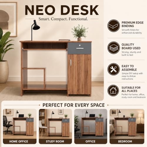 Image of 45x90x76CM Engineered Wood Study & Office Table with Drawer, Cabinet Storage & Keyboard Tray | Sturdy, Foldable DIY Multipurpose Table- Lyon Walnut with Grey