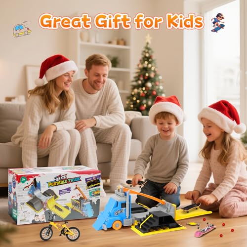Tlater Zestawy rampy do deskorolki, 2 w 1, deskorolki, zabawki z rampami do deskorolki, 3 podstrunnicami, 1 mini rower na palec i do przechowywania, kreatywne prezenty dla chłopców i dziewcząt w wieku