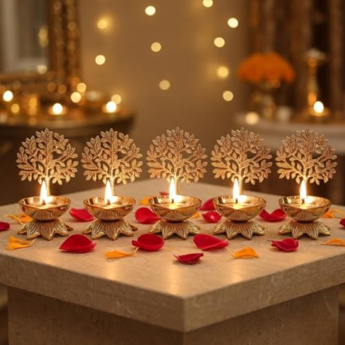 Image of Behoma 100% Pure Brass Kalpvriksha Diya Set of 5 for Puja | Handcrafted Tree of Life Deepak for Mandir, Temple, Home Decor & Office | Decorative Brass Oil Lamp | Diwali Gift & Return Gift